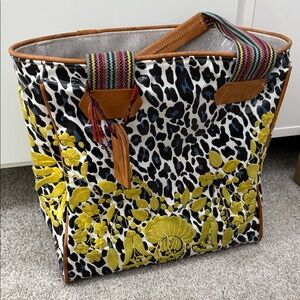 Consuela Leopard Print Tote with Yellow Floral Embroidery